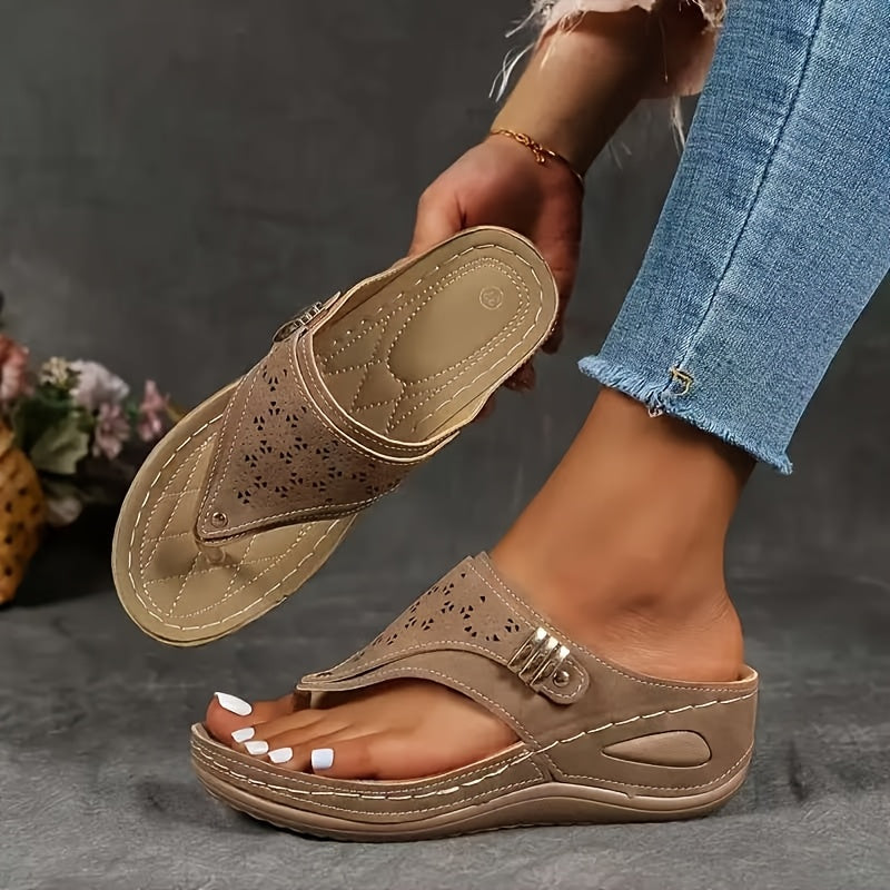 [Comfort Sandals] Breathable Women's Wedge Toe-Thong Sandals | Super Hit Sandals for Women | Comfort Summer Footwear Perforated Buckle Design - Looped In Style