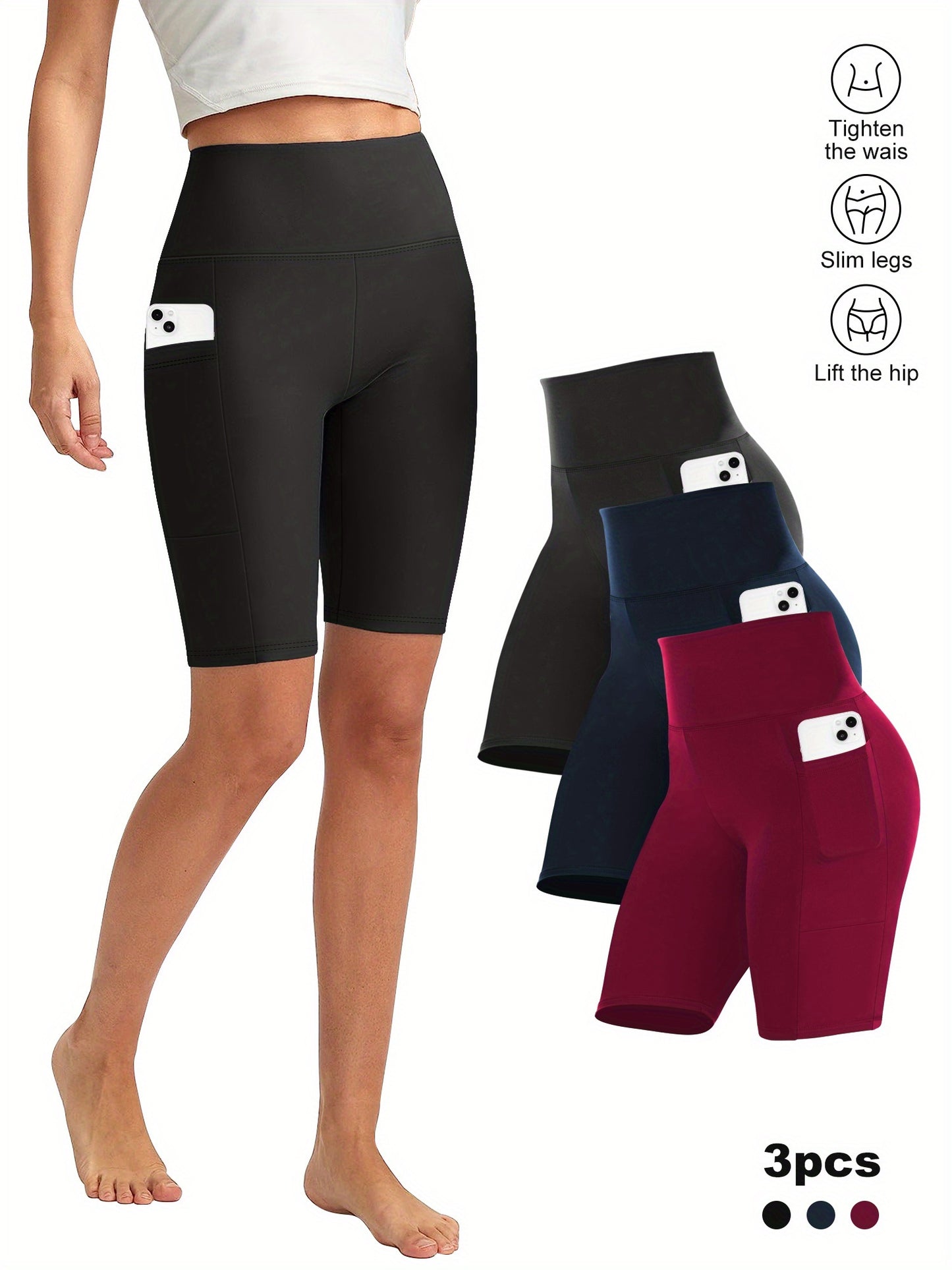 3pcs Women'S High-Waist Yoga Capri Pants With Side Pockets, Ice Touch Breathable, High-Elasticity Shaping, Suitable For Yoga, Fitness, Running, And Casual Wear