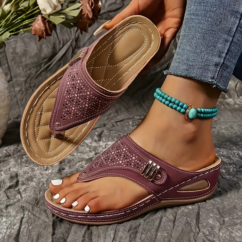 [Comfort Sandals] Breathable Women's Wedge Toe-Thong Sandals | Super Hit Sandals for Women | Comfort Summer Footwear Perforated Buckle Design - Looped In Style